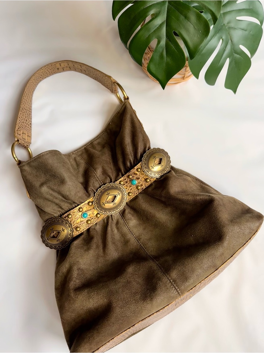 Brown Suede Hobo Bag with Turquoise-Accent Concho Belt